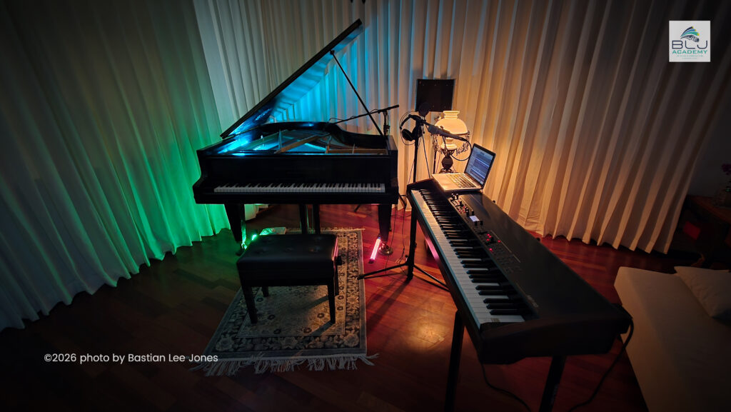 Unterrichtsraum der BLJ Academy mit Grotrian-Steinweg-Flügel, Kawai Stage Piano, Mikrofon und Recording-Setup