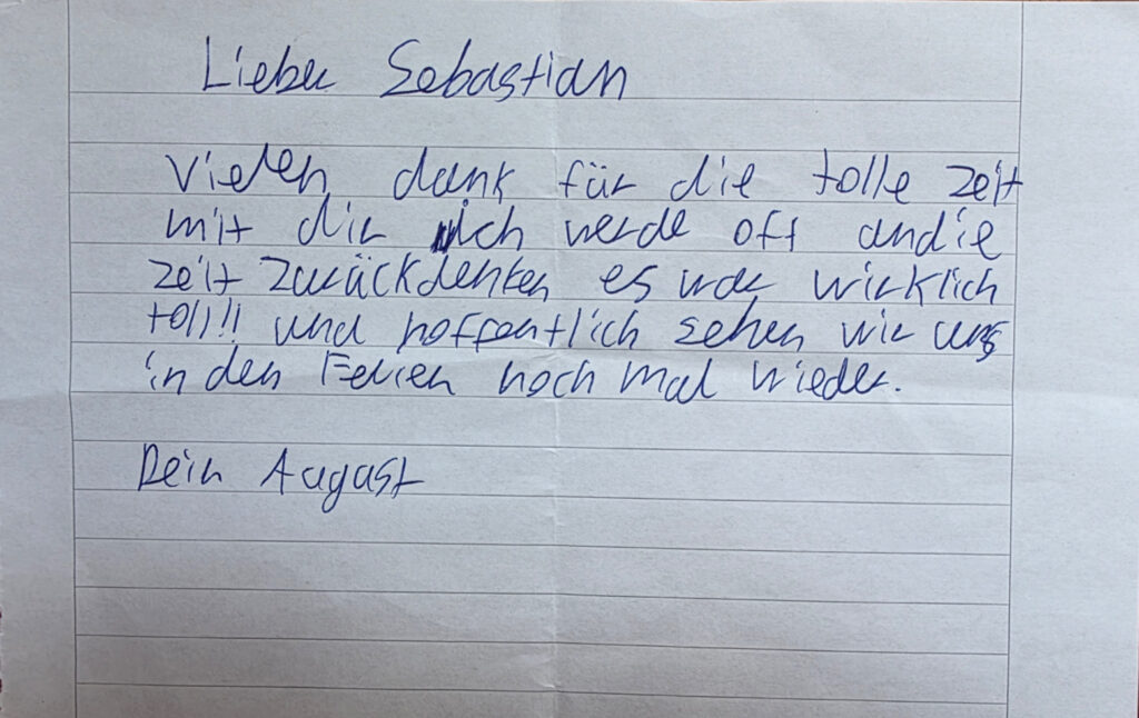 Handschriftlicher Dankesbrief eines Schülers an Bastian Lee Jones
