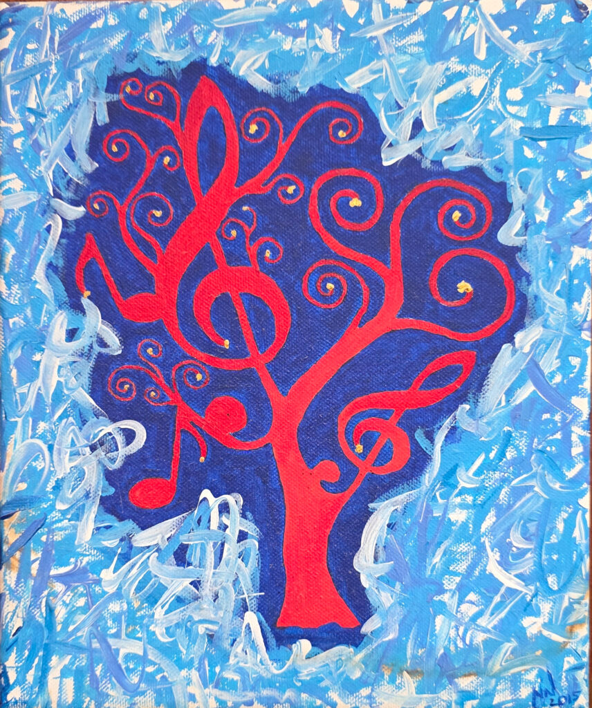Acrylbild eines roten Baumes mit Notenschlüssel und musikalischen Symbolen auf blauem Grund