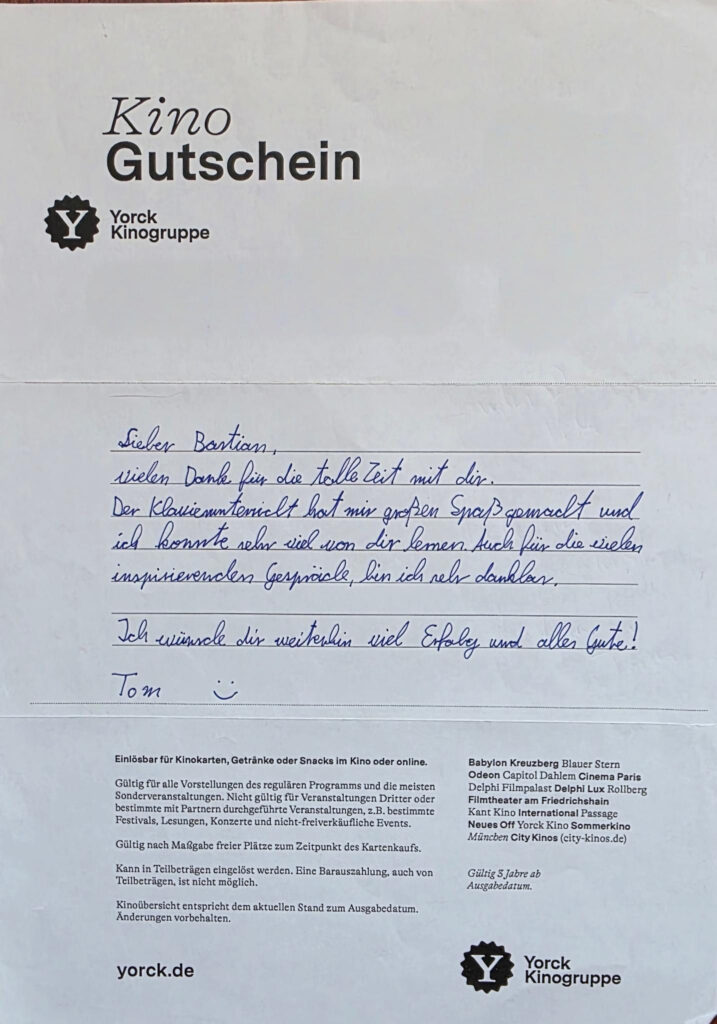 Handschriftlicher Dank von Tom S. für Klavierunterricht und gemeinsame Gespräche
