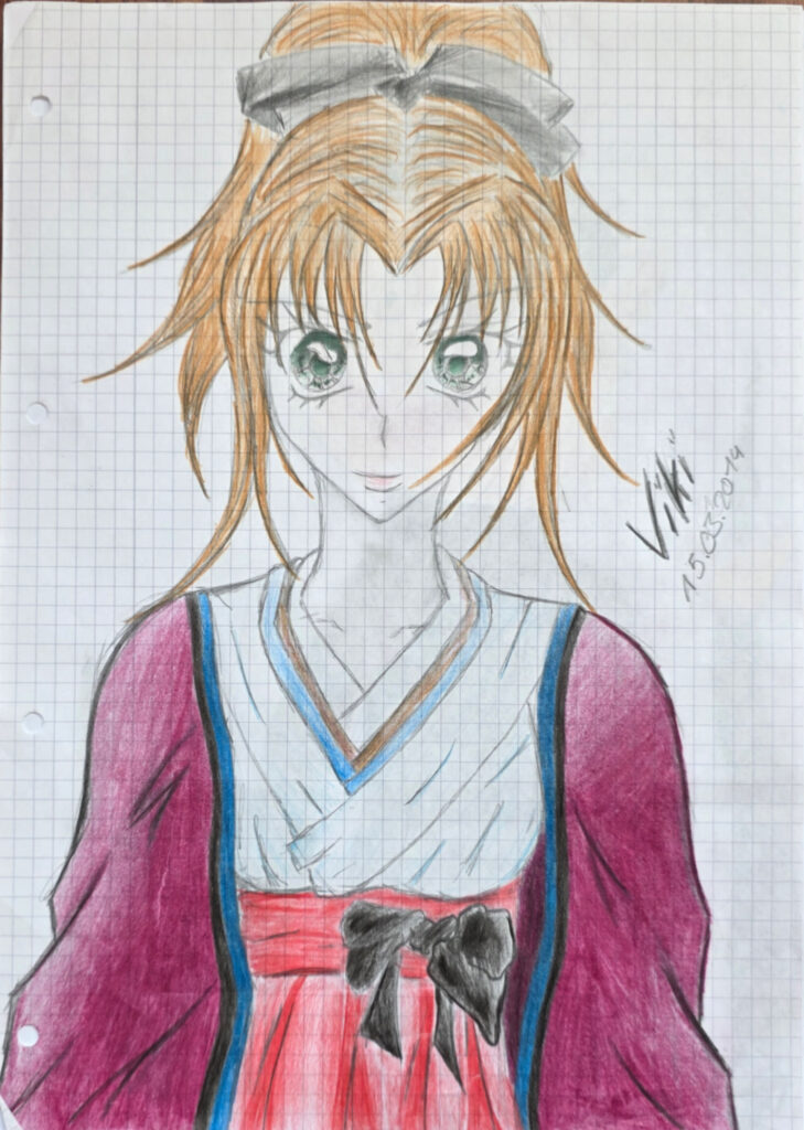 Handgezeichnete Anime-Figur mit orangefarbenem Haar und grünem Blick auf kariertem Papier
