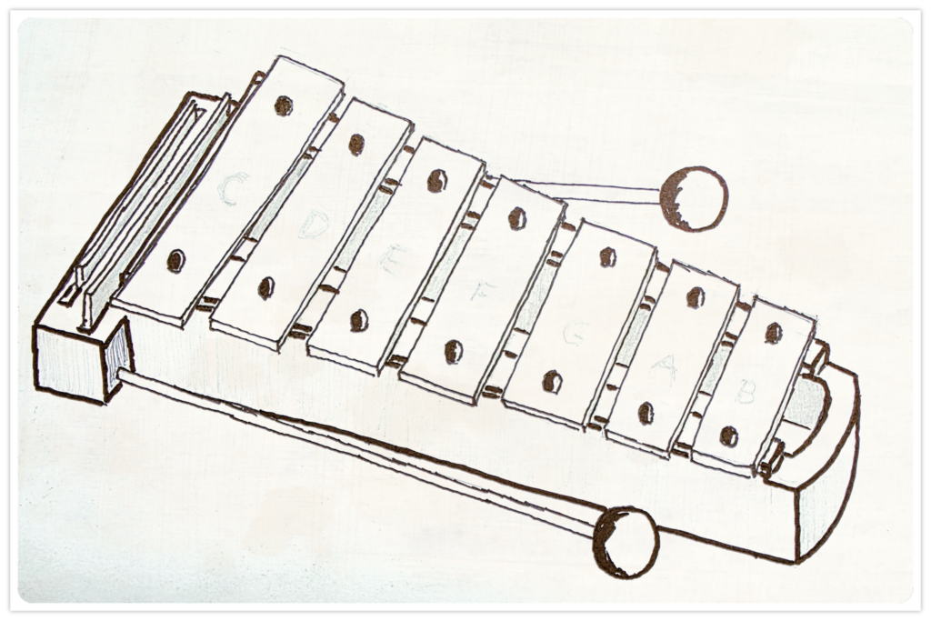 Handgezeichnetes Glockenspiel als Symbol für Klang, Hören und musikalische Wahrnehmung in der BLJ Academy.