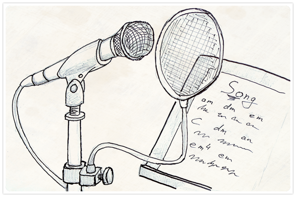 Handgezeichnetes Mikrofon mit Popfilter und Songblatt als Symbol für Stimme, Recording und Songwriting.